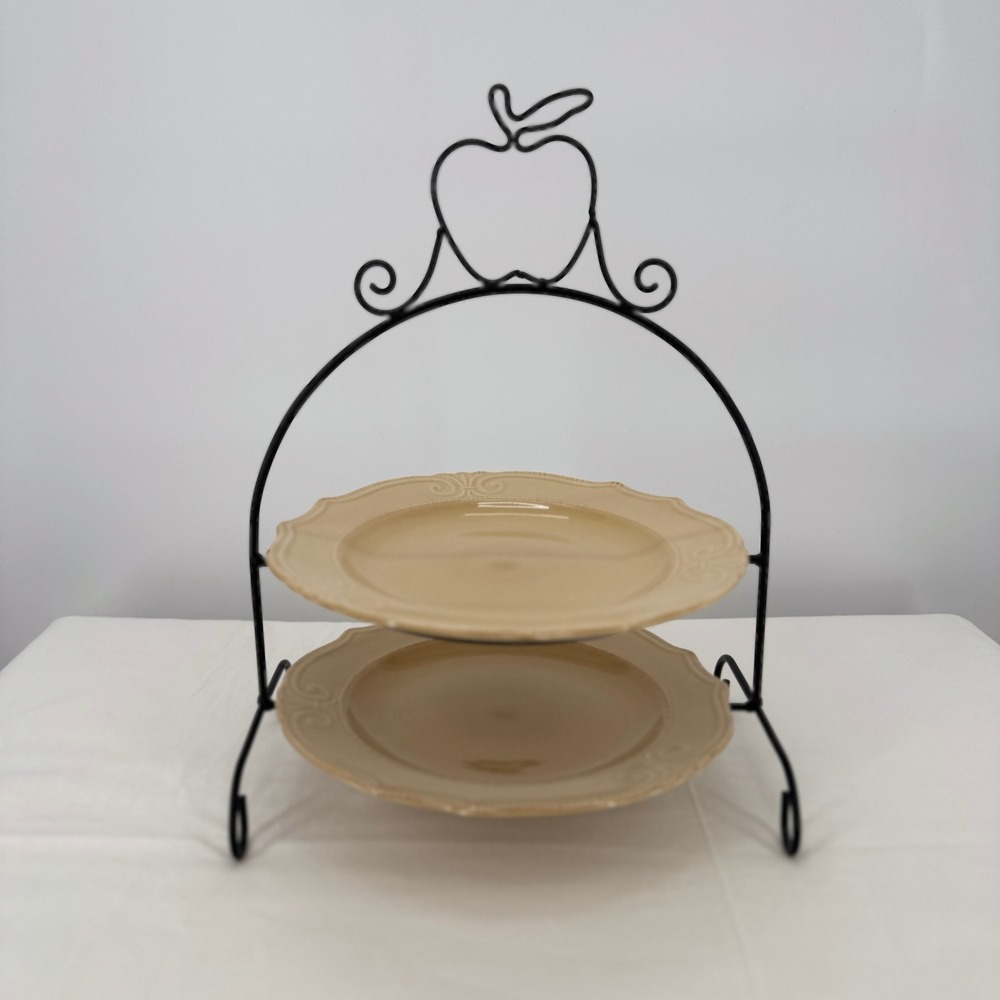 2 Tier Serving Stand with Apple Motif and Scalloped Tan Ceramic Plates - Picture 2 of 6